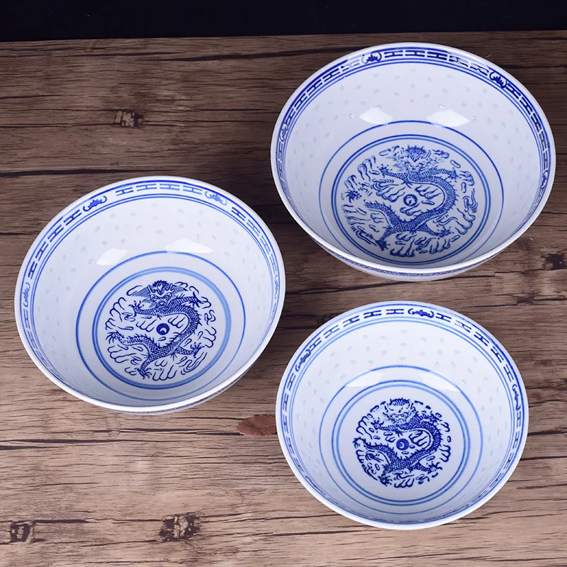 Ceramic Tableware Blue And White Porcelain Ramen Soup Bowl Chinese Rice Bowls Dragon Pattern Vintage Dinnerware