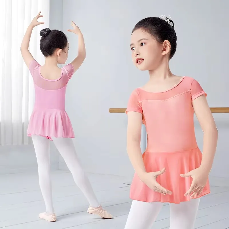 Girls Ballet Dress Short/Long Sleeves, Soft Mesh Tutu Skirt for Dance Class, Practice, Exam - Spring Summer Wear