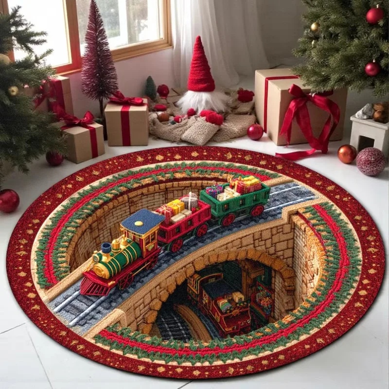 Runder 3D-Teppich, Weihnachtszugmatte, Feiertagsteppich, festlicher Winterwunderland-Bodenteppich, gemütlicher runder Weihnachtsteppich für die Inneneinrichtung