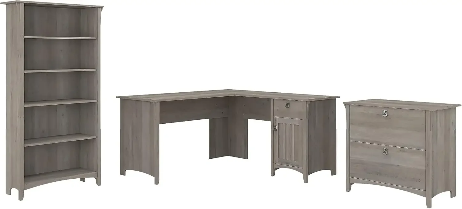 60W L Shaped Desk with Lateral File Cabinet and 5 Shelf Bookcase in Driftwood Gray