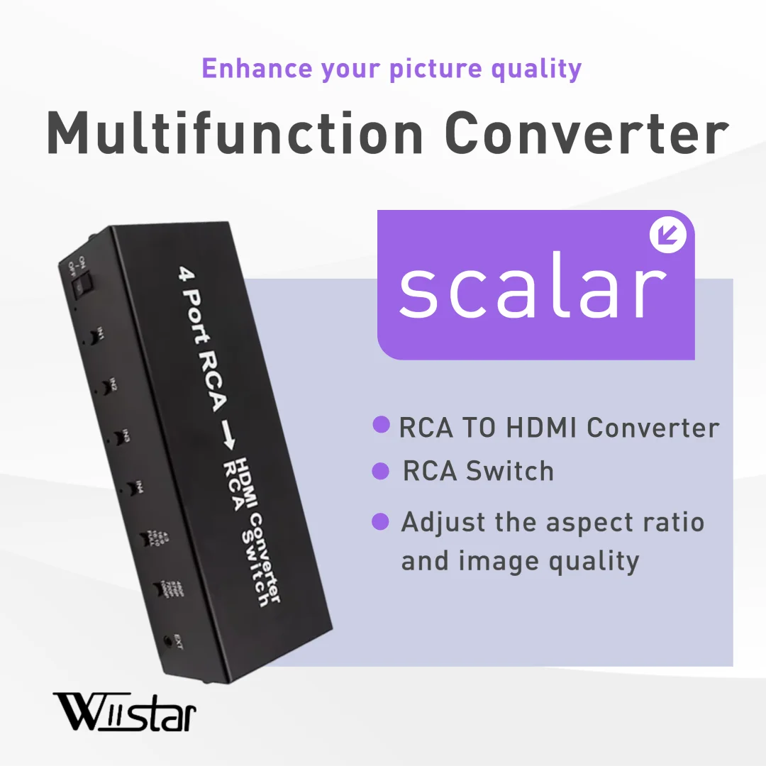 

4 Port AV to HDMI Converter with Scaler Function and Screen Scaling RCA to HDMI Adapter for PS2X、boX、N64、WII、VHS、VCR、STB、