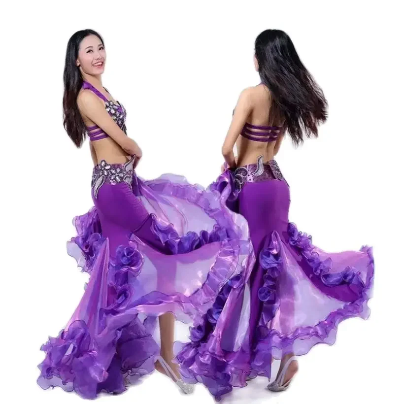 Seksowny damski kostium Bellydance długa wzburzona spódnica karnawałowa rozcięcia po bokach fioletowy czerwony biały niebieski różowy jednolity kolor występ taneczny