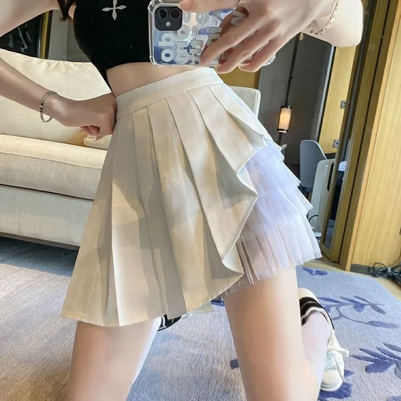 Pleated Skirts Women Chic Summer Party All-match Schoolgirls Clothing Vintage Slim Simple Pure Faldas Ulzzang Y2k Mesh Design