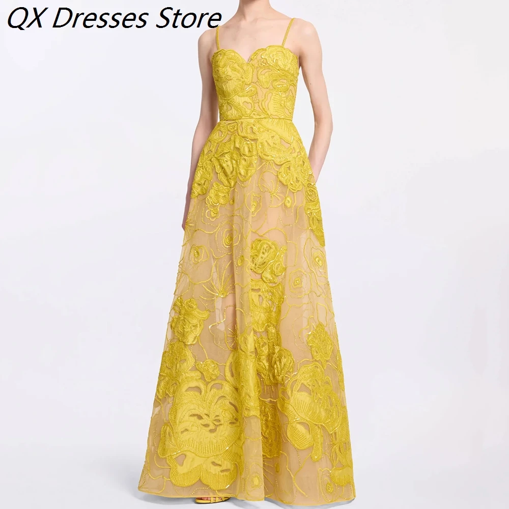 

Women's A-line Evening Dresses Floor-length Spaghetti Strap Sleeveless Prom Dresses Fashion Lace Sequined Customized Gowns