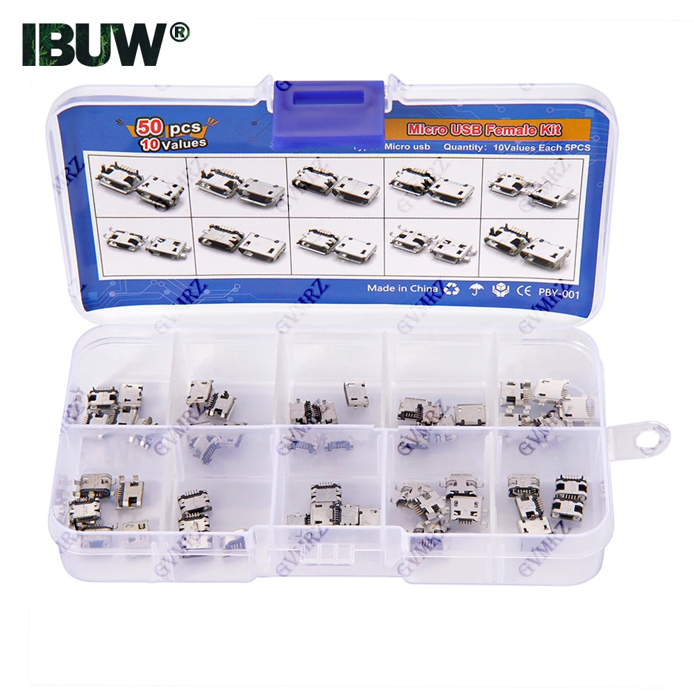 50PCS 10Values Micro USB Female Connector Kit for Electronics DIY & Repair Projects