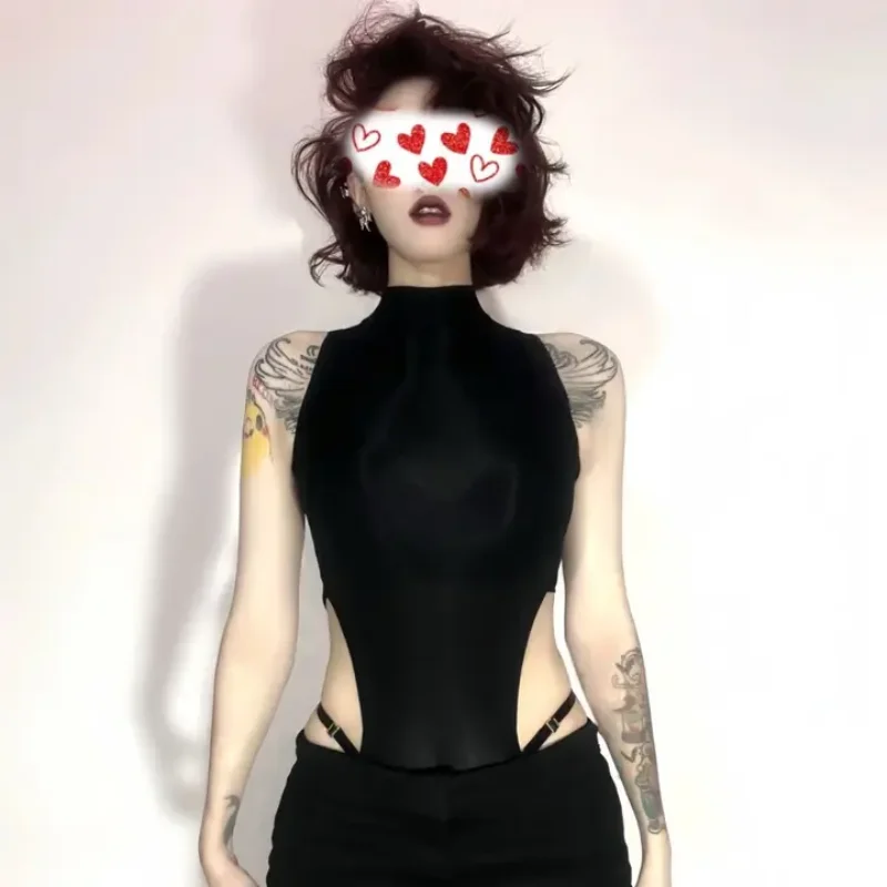 

Women's Black Turtleneck Cutout Bodysuit - Sleeveless Bandage Bodycon Top Gothic Streetwear Autumn Party Slim Fit Jumpsuit