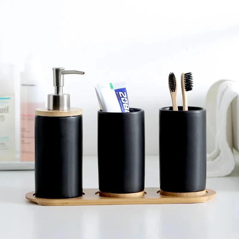 Ceramic Bathroom Accessories Set Toothbrush Holder Tumbler Soap Dispenser with Bamboo Tray Household Bathroom Decoration Kit