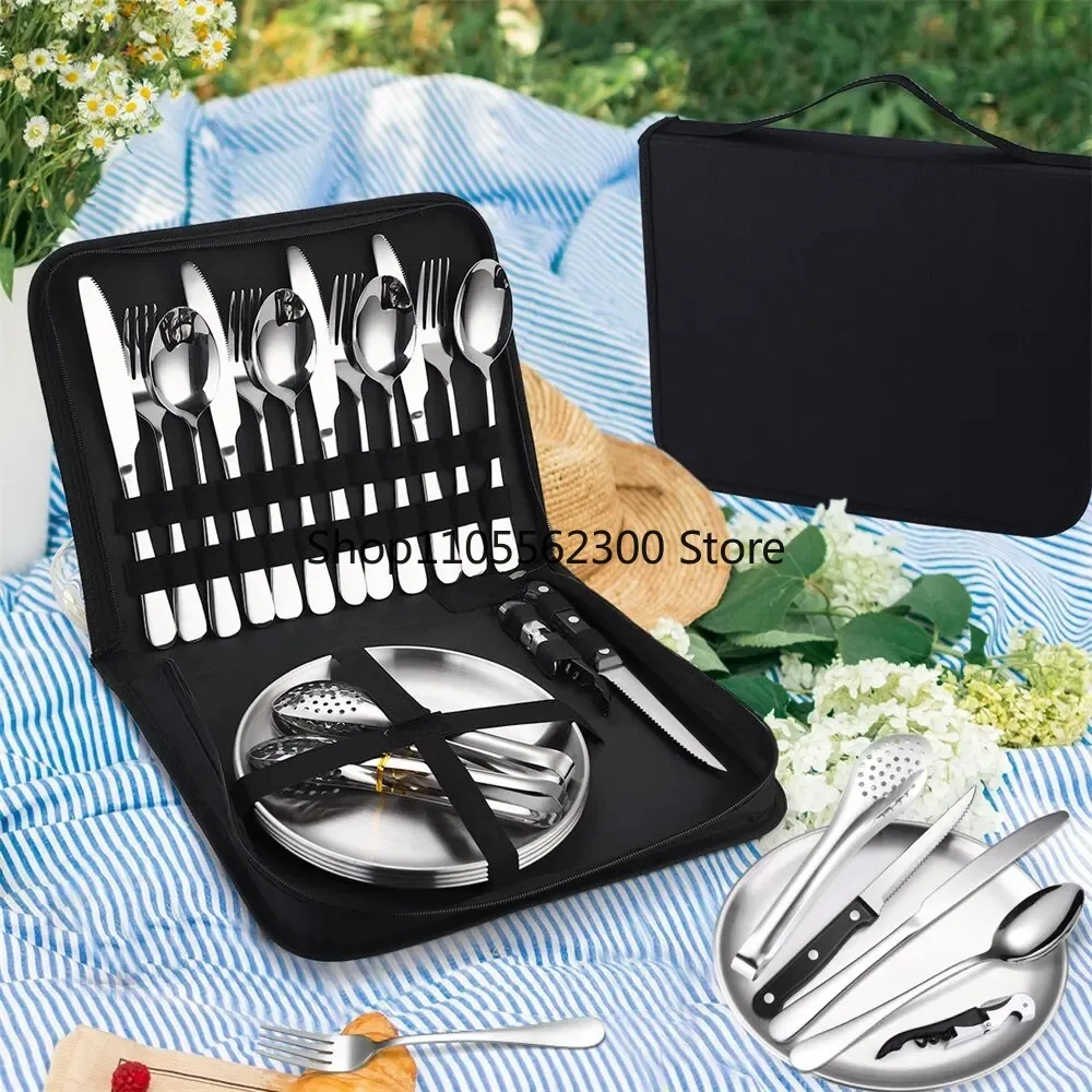 20PCS Camping Tableware Set Portable Cutlery Kit Stainless Steel Picnic Gold Disc Steak Knifes Forks Spoon Set with Bag