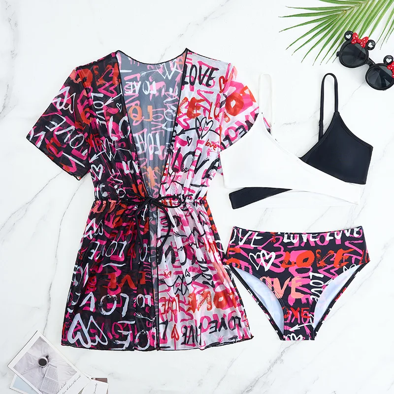 

Girls Letter Print Cross Wrap High Waist Bikini Kids Swimsuit&Kimono 7-12 Years Children's Swimwear 2025 Teenagers Bathing Suit