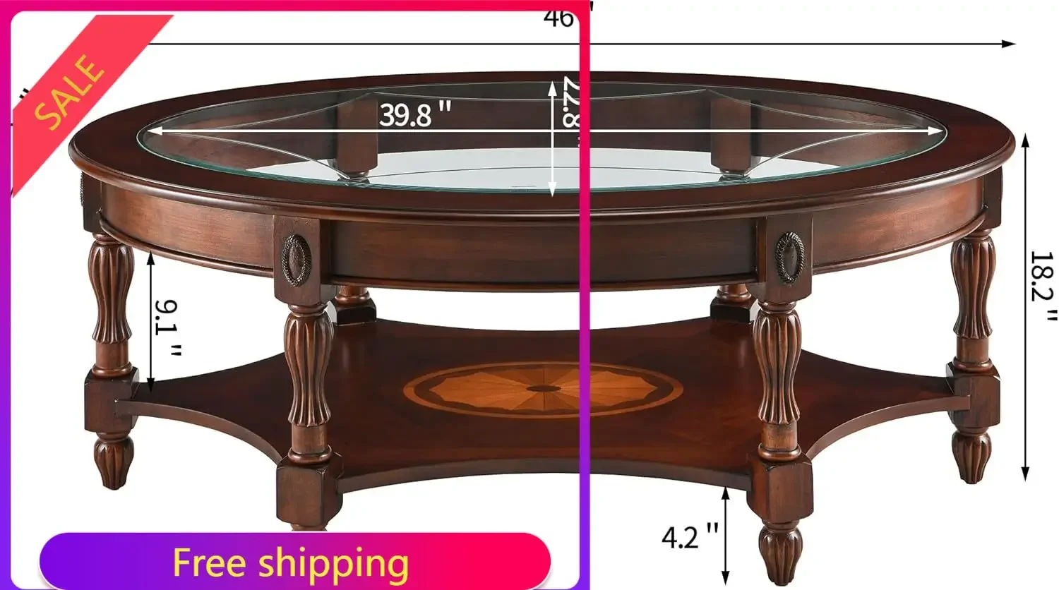 Oval Coffee Table for Living Room, Cherry Solid Wood with Glass Top, Victorian Antique Vintage Design 46