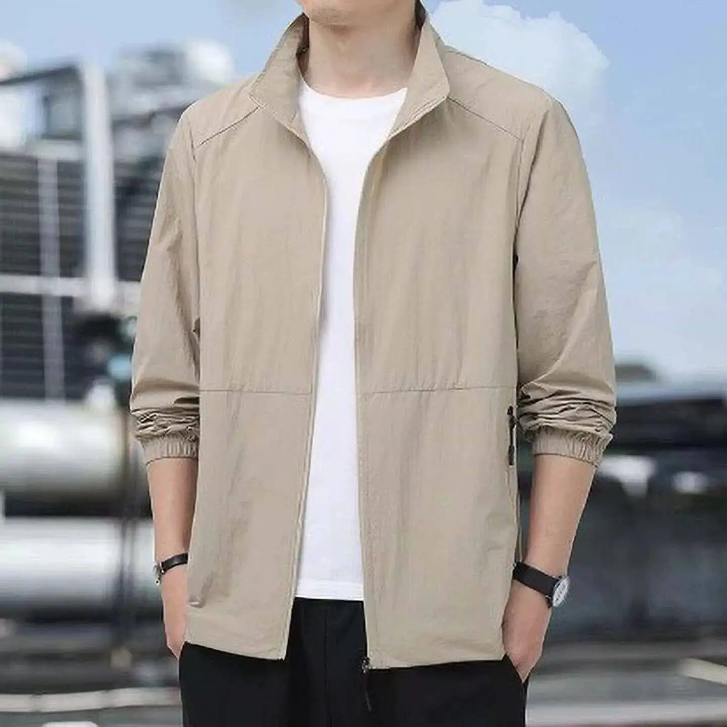 Ice Silk Thin Stand Collar Open Cardigan Sun Protection Casual Lightweight Quick Dry Breathable Men's Summer Workwear Jacket