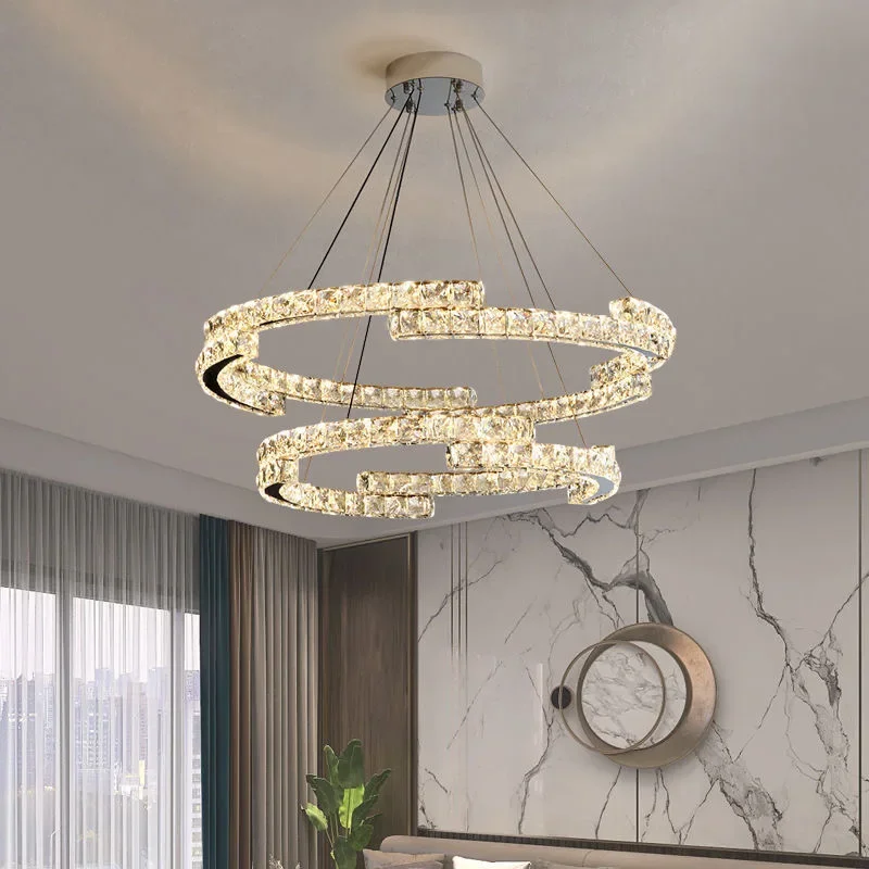 Modern luxury crystal chandelier villa staircase LED dimming chandelier layered chrome chandelier