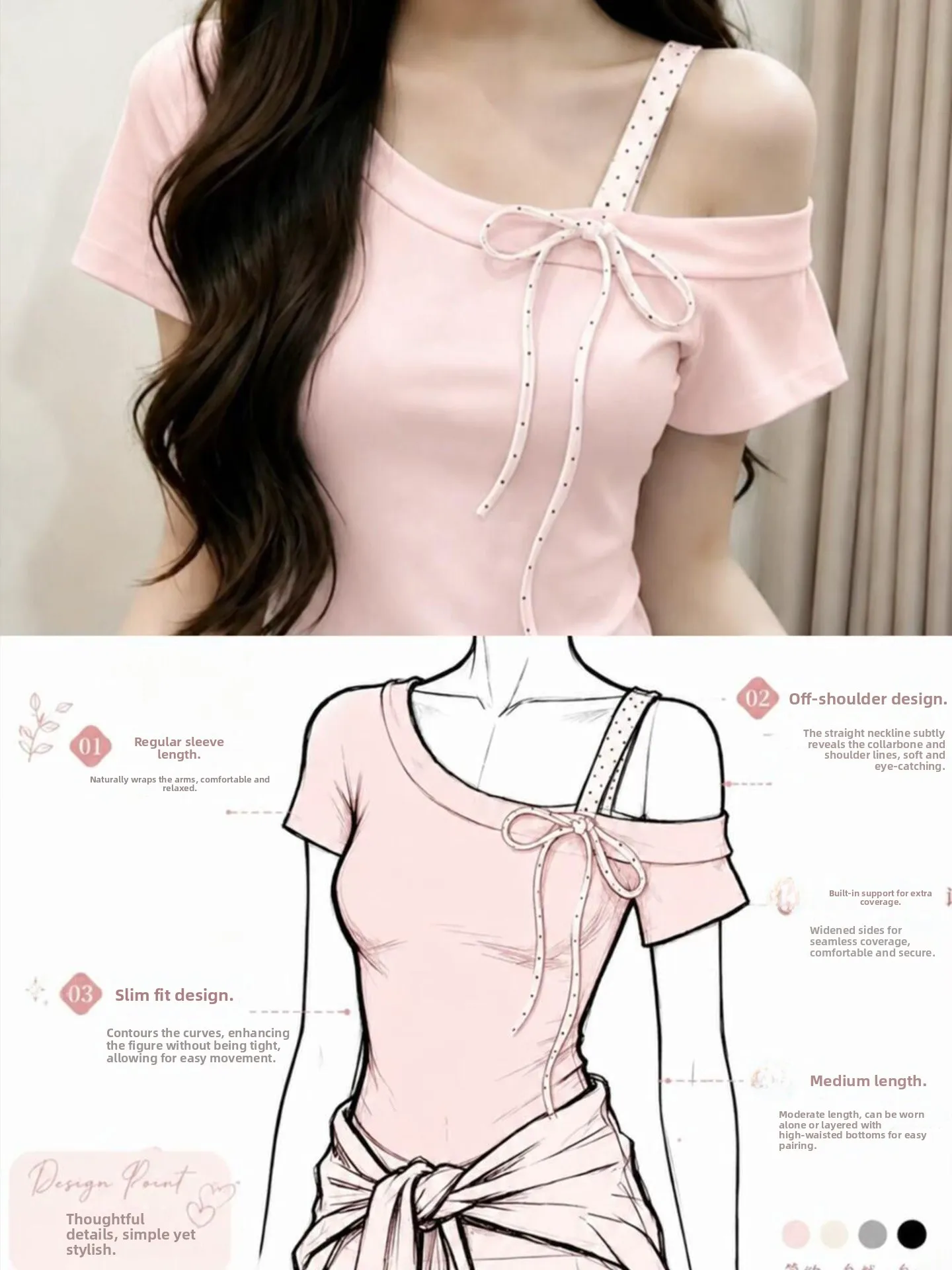 Korean Polka Dot Banded Shoulder Short Sleeve T Shirt Women Summer Short Unique Beautiful Pink Top Girl Style High Waist