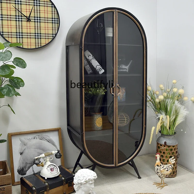

46retro arched industrial wind wrought iron double open glass black locker floor-to-ceiling living room wall storage wine cabine