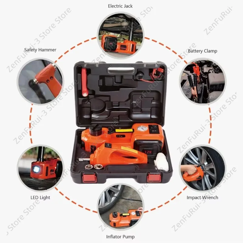 3‑in‑1 Electric Hydraulic Car Jack 5T 12V, With Impact Wrench & Tire Inflator, Built‑in LED Light Auto Repair Tool