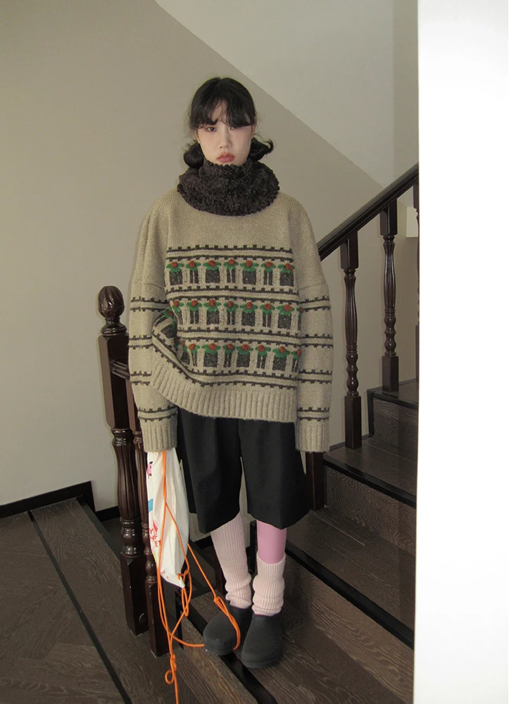 

Thiened круглый свитер Ne, женский осенне-зимний новый вязаный длинный свитер в полоску Lazy Faion, топ by onths Brand