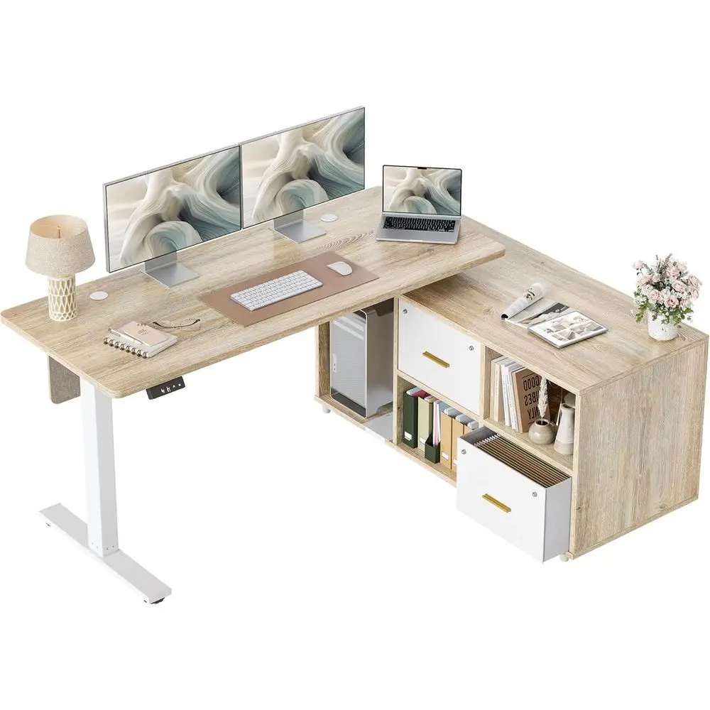 

Угловой стол Maple L-образной формы с регулировкой высоты, панелью для обеспечения конфиденциальности и местом для хранения для домашнего офиса