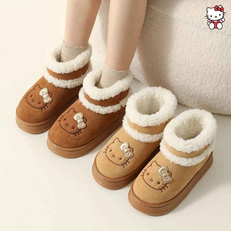 Kawaii Sanrio Hello Kitty Winter Women Short Plush Warm Snow Boots Casual Shoes Cartoon Ankle Boots Flats Platform Ladies Shoes