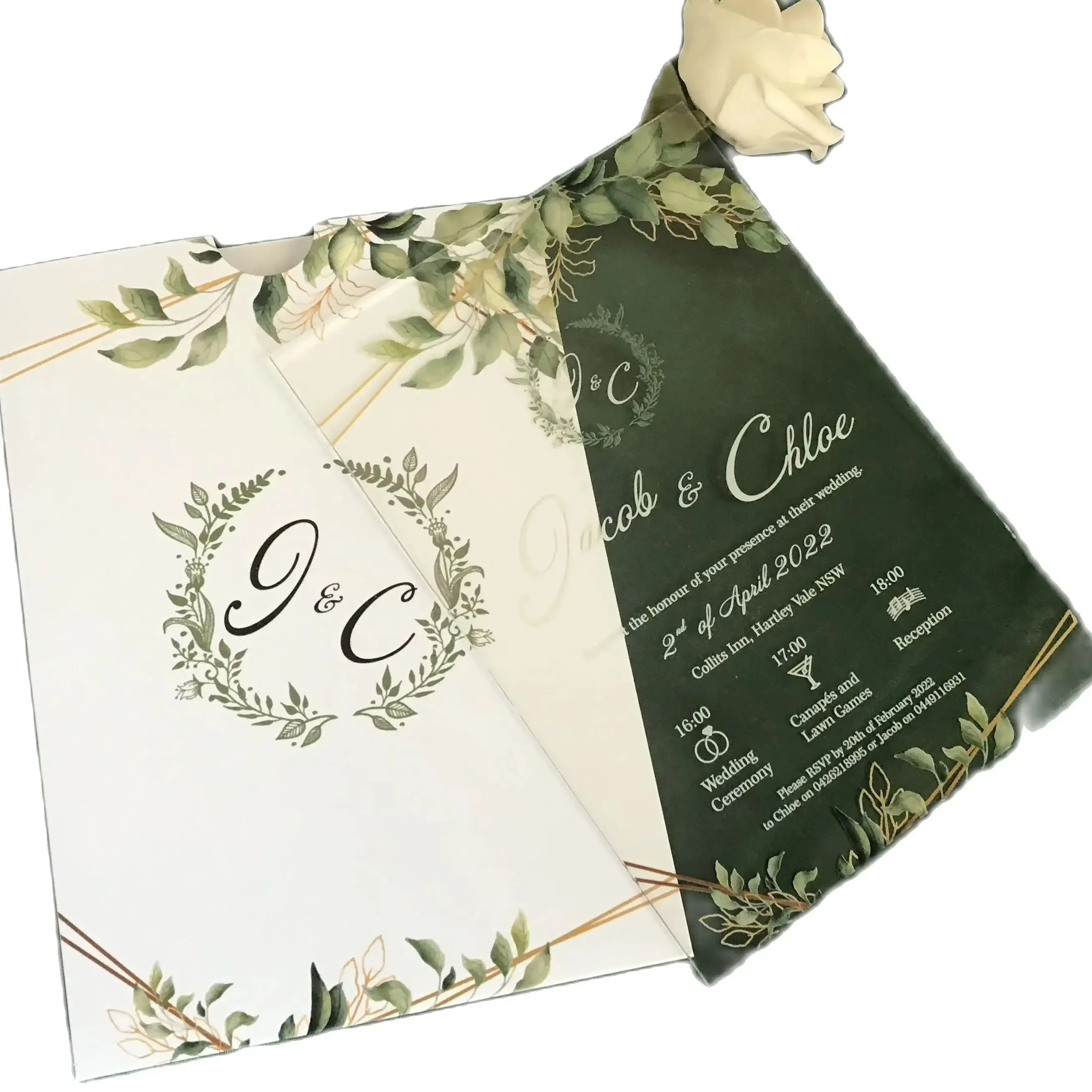 Transparent Acrylic Wedding Invitation, Green Leaves Quinceanera Invitation,Sweet Personal Invitation, Custom, 10Pcs