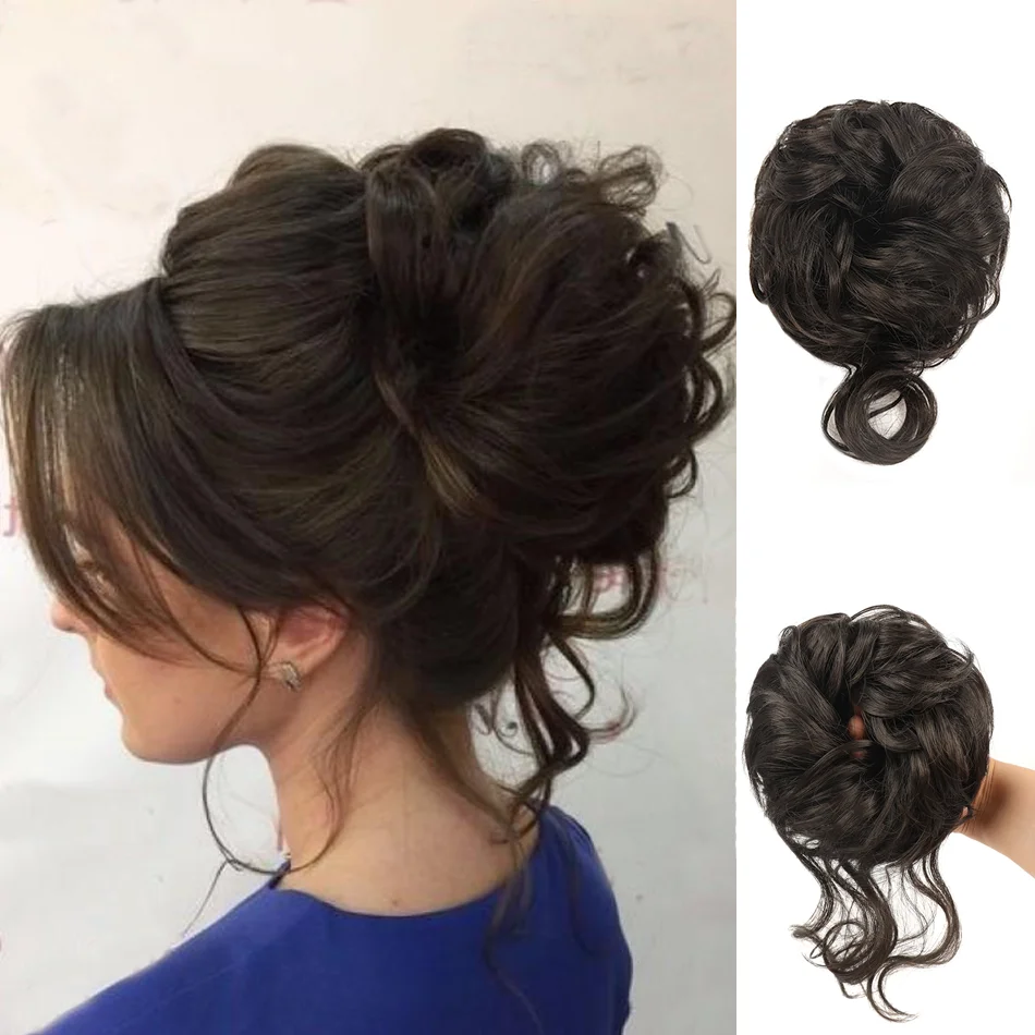 Messy Hair Bun Scrunchie Synthetic Curly Chignon Hair Extension With Loose Tails Elastic Fake Hairpiece Natural Updo Donut Bun F
