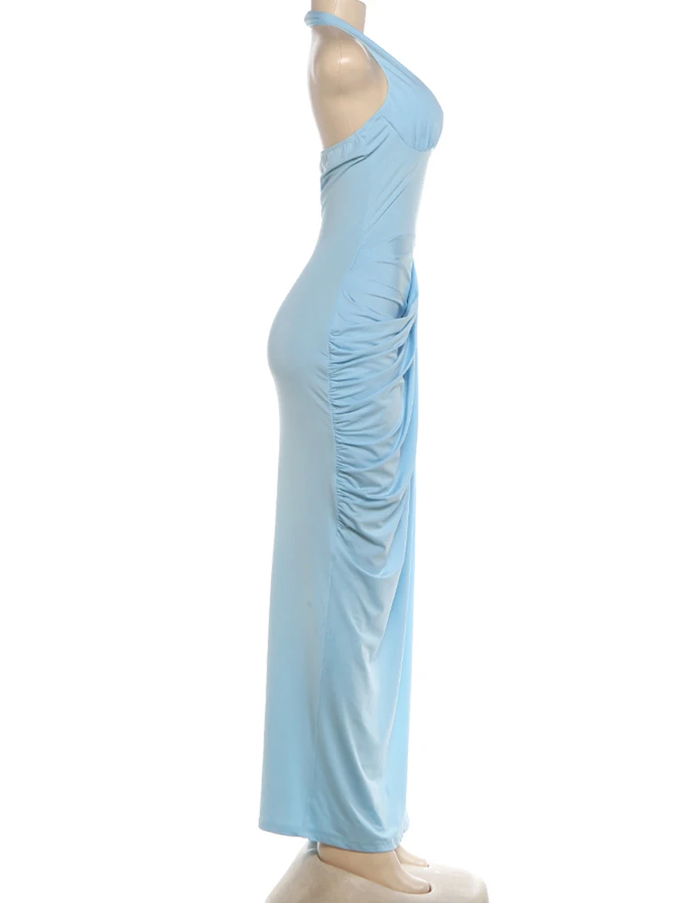 Nibber Elegantes Rückenfreies Kleid für Bankette und Partys, Sexy Mode mit Neckholder, Tiefem V-Ausschnitt, Gerafftem Patchwork und Hohem Schlitz, Schlichtes Bodycon-Kleid – Detail 4