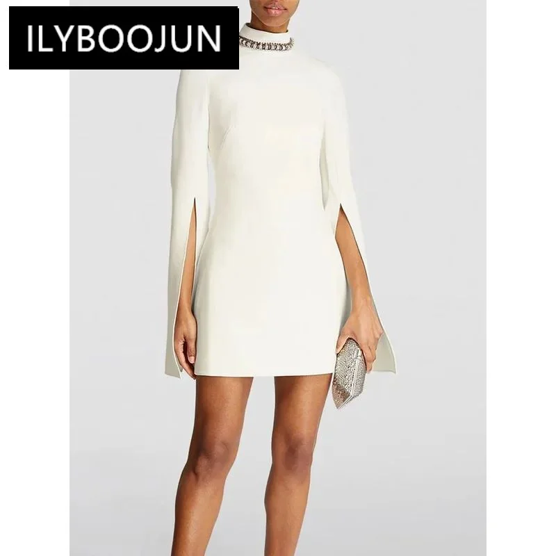 

ILYBOOJUN Newest 2024 Designer Fashion Women's Elegant Necklace Beaded Stand Collar Split Sleeve Dress