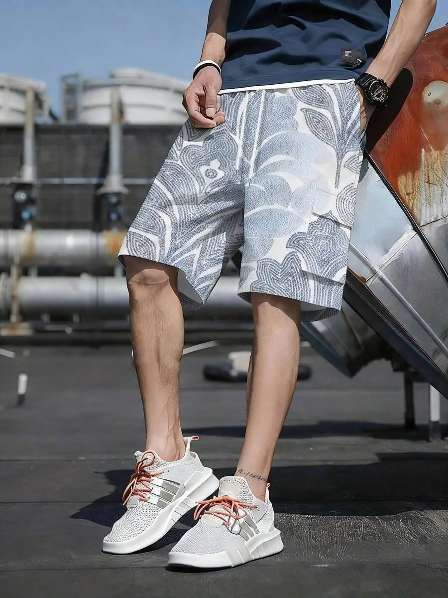 

Mens Athletic Shorts With Geometric Print, Drawstring Waist, Loose Fit, Polyester, Quick-Drying Breathable