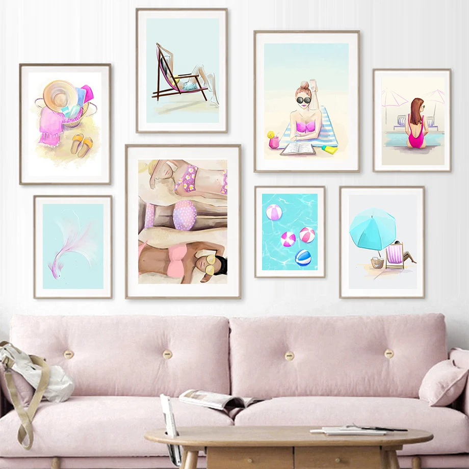 Seaside holiday sunbathe Enjoy a holiday Swimming Pretty fish Fashion Wall Art Canvas Painting Nordic Poster Room Decor