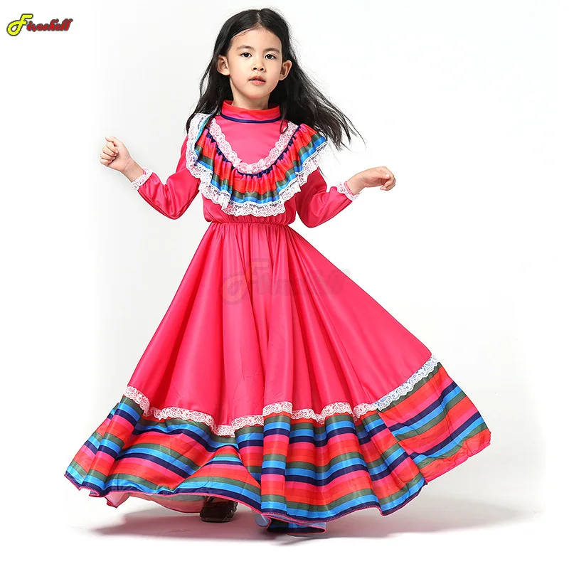 Girls Cosplay Traditional Folk Mexican Lace Red Dress Guadalajara Mexico Folk Dancer Costume Kids Children Fancy Long Dress