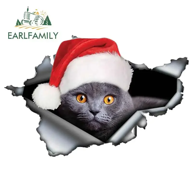 EARLFAMILY 13cm x 8.6cm Cat with Santa's Hat Car Sticker Torn Metal British Cat Decal Reflective Stickers Santa Hat Decoration