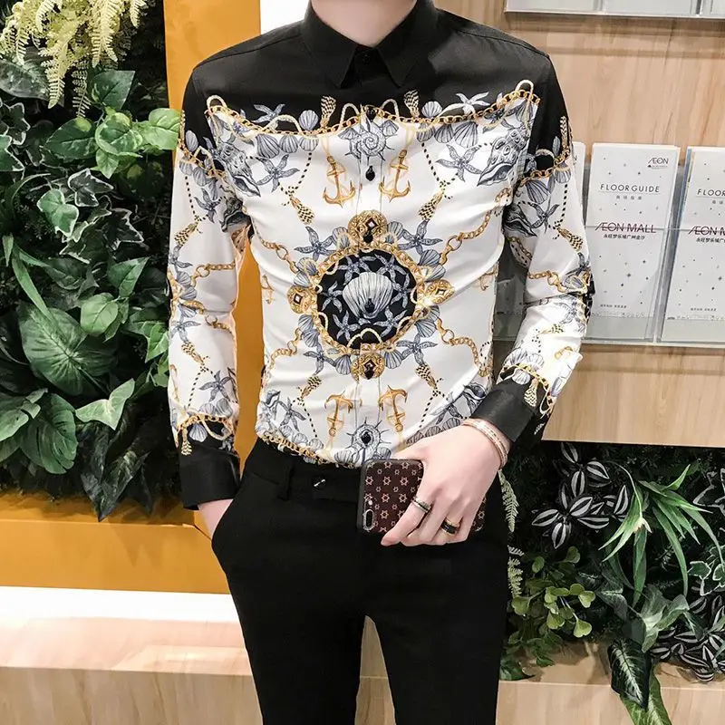Spring Autumn Turn-down Collar Fashion Long Sleeve Shirt Man England Office Blouse High Street Casual Printing Button Cardigan