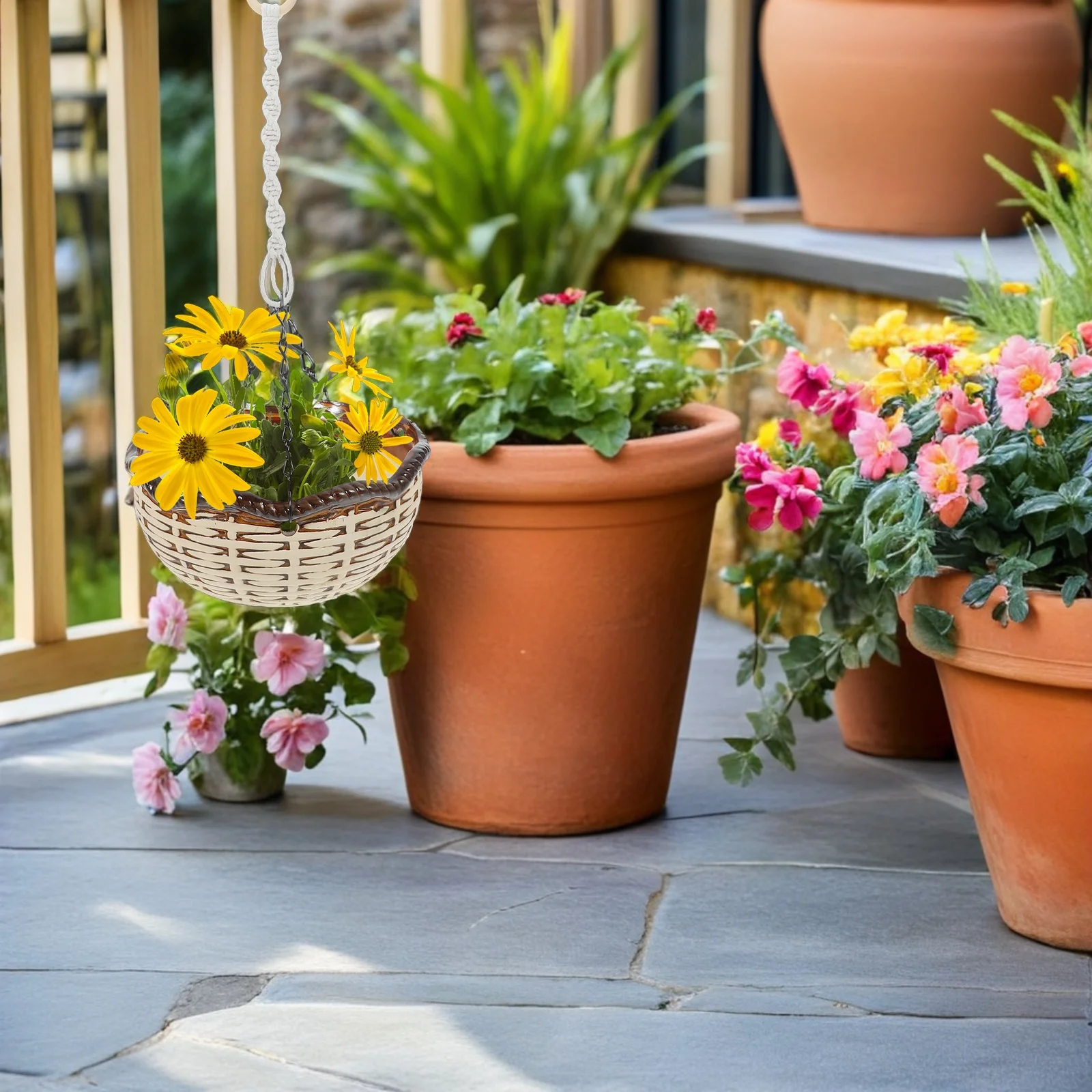 

4Pcs Macrame Plant Hanger Cotton Rope Handwoven Boho Style for Indoor Outdoor Hanging Planter Extender Wooden Ring Plant Basket