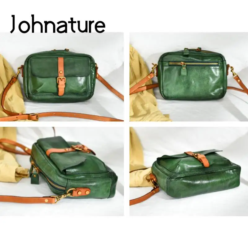 Johnature Vintage Messenger Bag 2024 New Genuine Leather Simple Solid Color Natural Soft Real Cowhide Women Shoulder Bags