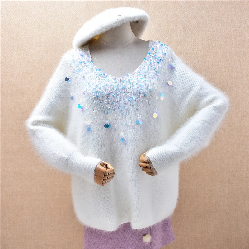 

Ladies Women Autumn Winter Fashion White Beading Mink Cashmere Knitted V-Neck Long Sleeves Loose Pullover Sweater Jumper Pull