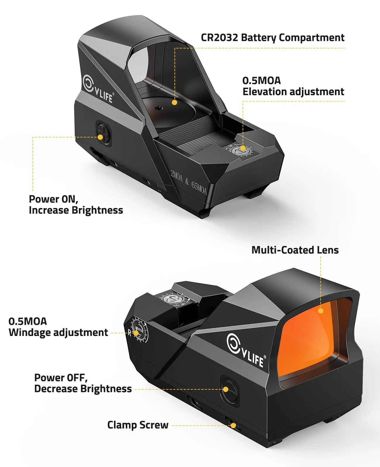 

Riflescope Red Dot Scope Multi-Reticle 2 MOA Dot 65 MOA Circle Reflex Sight with Motion Awake 10 Brightness Picatinny Rail