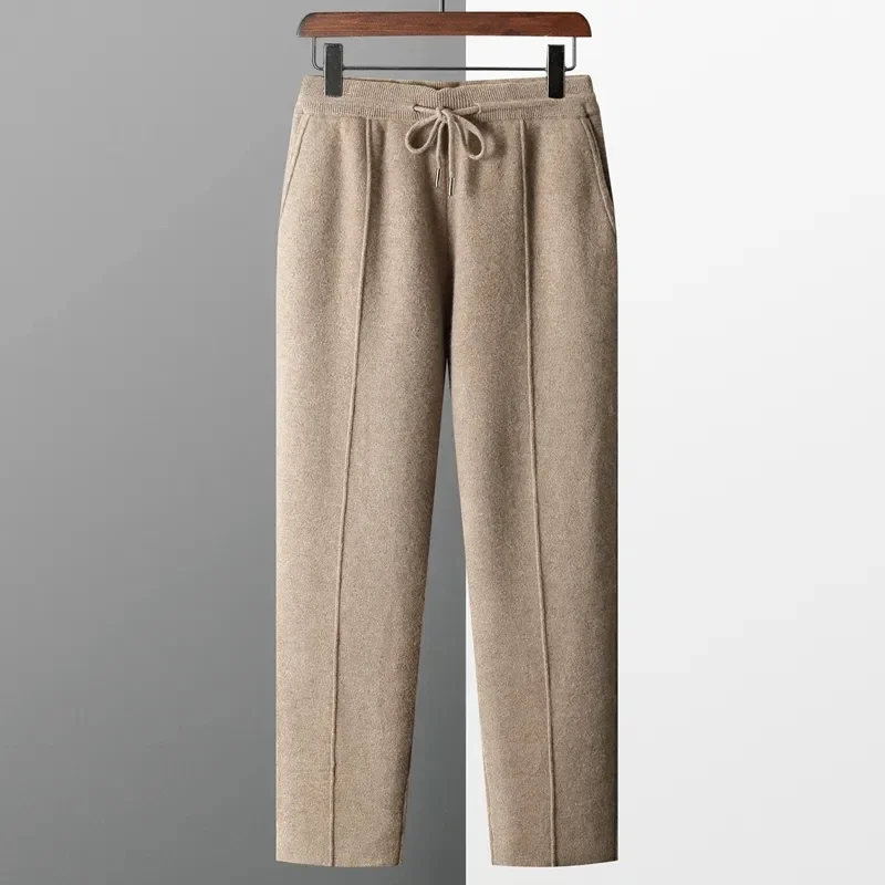 Men's Thick Knitted Long Pants, 100% Pure Wool, Slim Fitting, Monochromatic, Warm, Flat Corner, Autumn, Winter, 2024