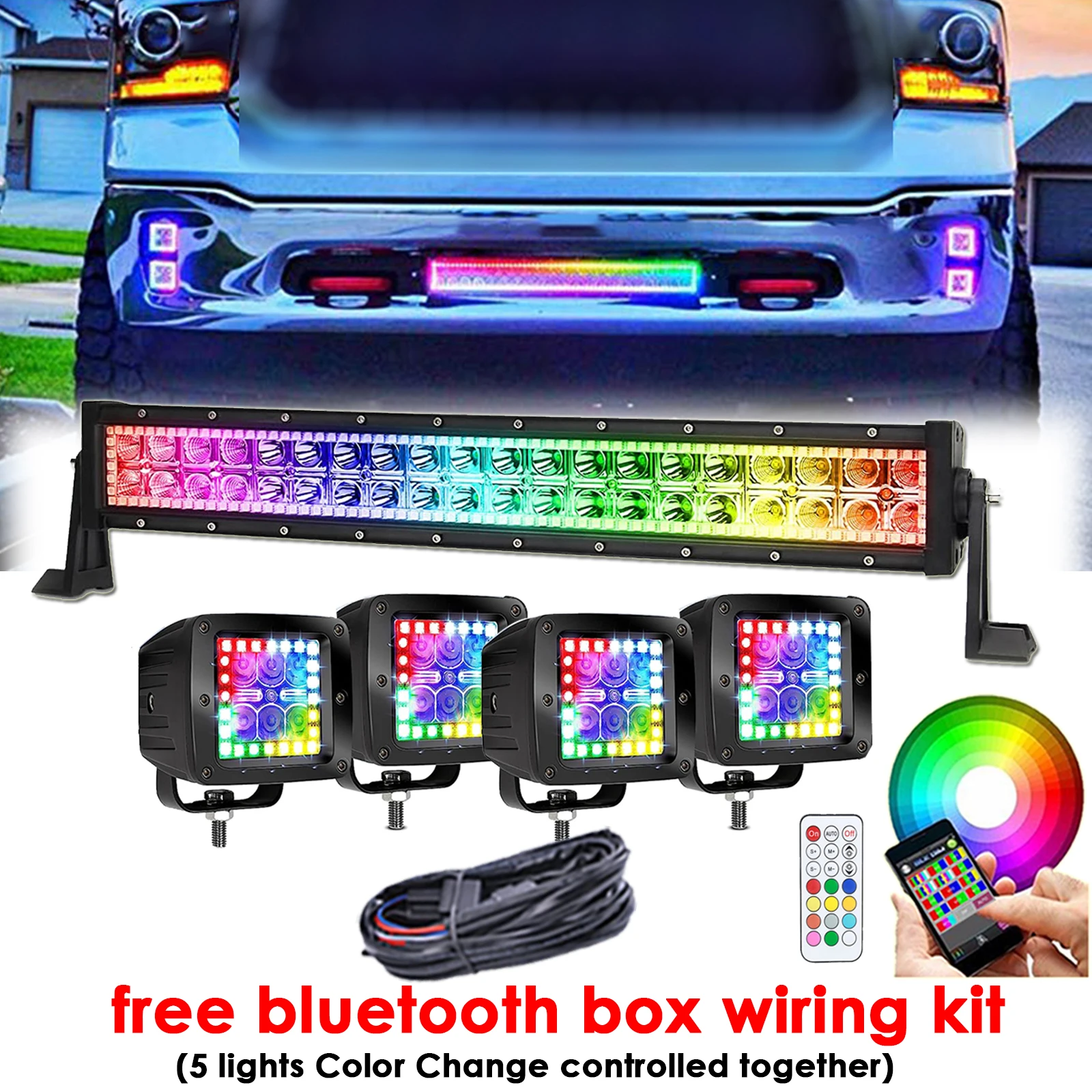 

22 inch 120W Off-road Led Light Bar + 4x 3inch Fog Lamp Chasing RGB Halo & Free Wiring Harness Kit Color Change App Control 12V