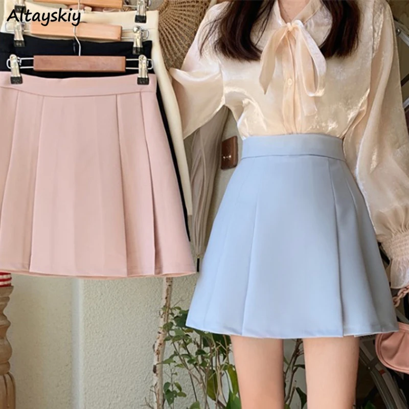 

Skirts Women Pure Gentle Cute Ins All-match College Leisure Korean Fashion Jupe Летние Folds Empire Soft New Design Daily A-line