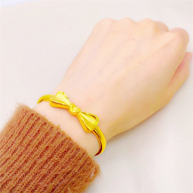 Plated 100% Real Gold 24k 999 Color Bracelet Open Girl Temperament Bowknot Does Pure 18K Jewelry