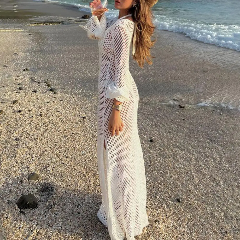 Hollow Design Beach Dress Stylish Swimwear Cover Up Dress with Long Sleeves Crochet Beachwear for Women Sexy for Summer