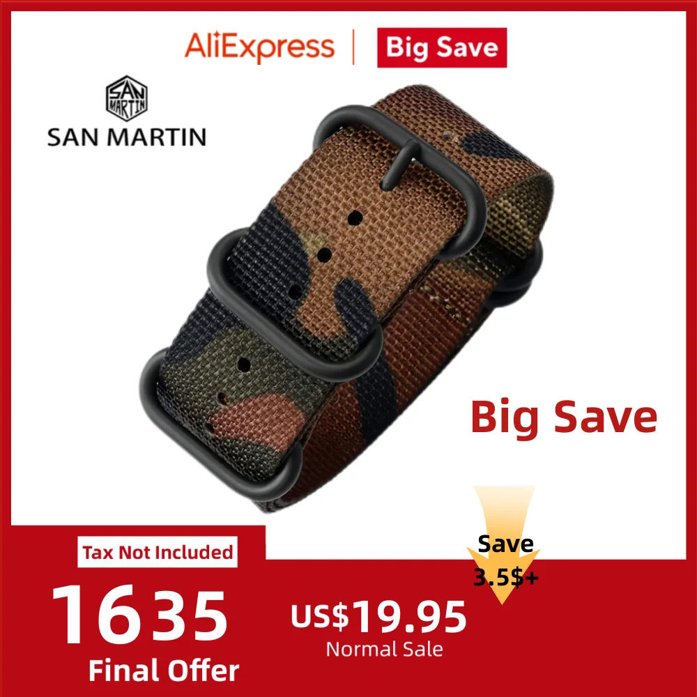 

San Martin военный нейлоновый ремешок для часов 20 мм 24 мм ремешок для часов дышащий парусиновый ремешок на запястье армейский зеленый камуфляжный ремень с пряжкой