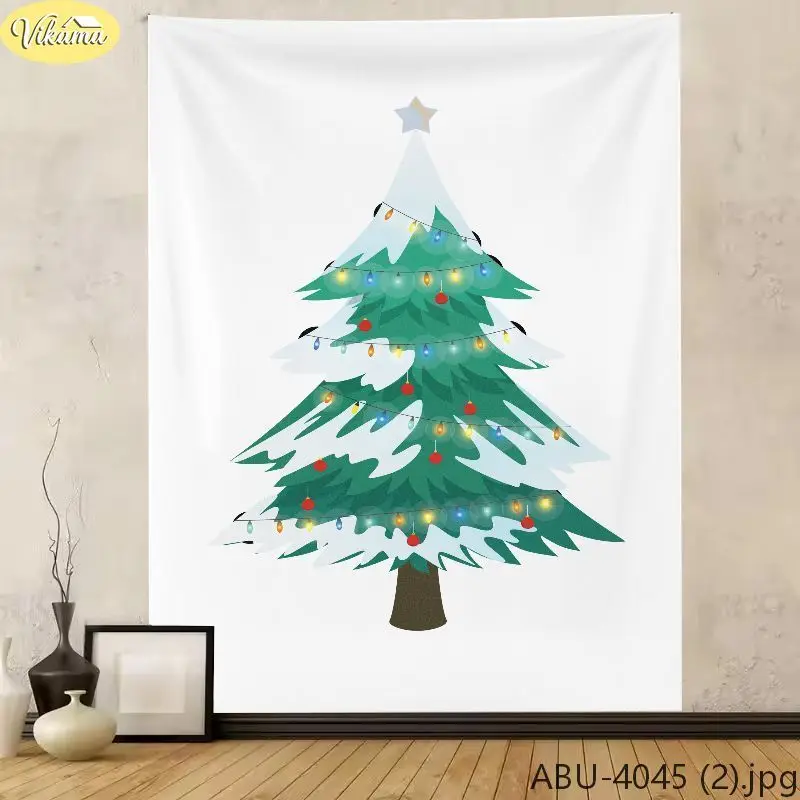 VIKAMA Christmas Wall Tapestry, Minimalist Cartoon Christmas Tree with Stars and String Lights, Christmas Home Decor