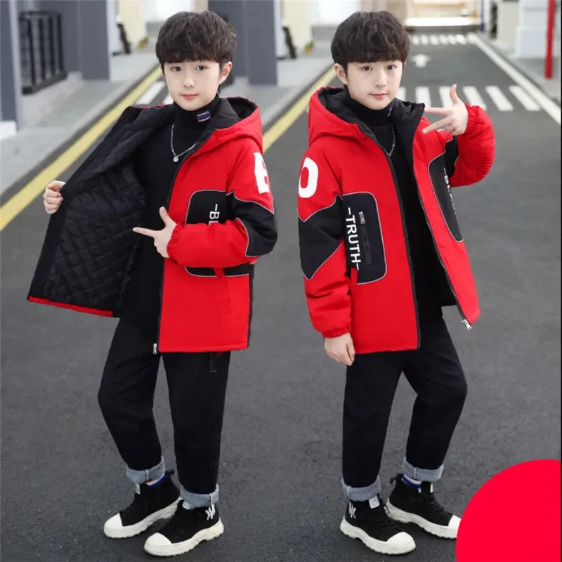 

Boy Spring Autumn Padded Coat 2024 New Children Plus Cotton Hooded Clothes For Outerwear Trench Jacket