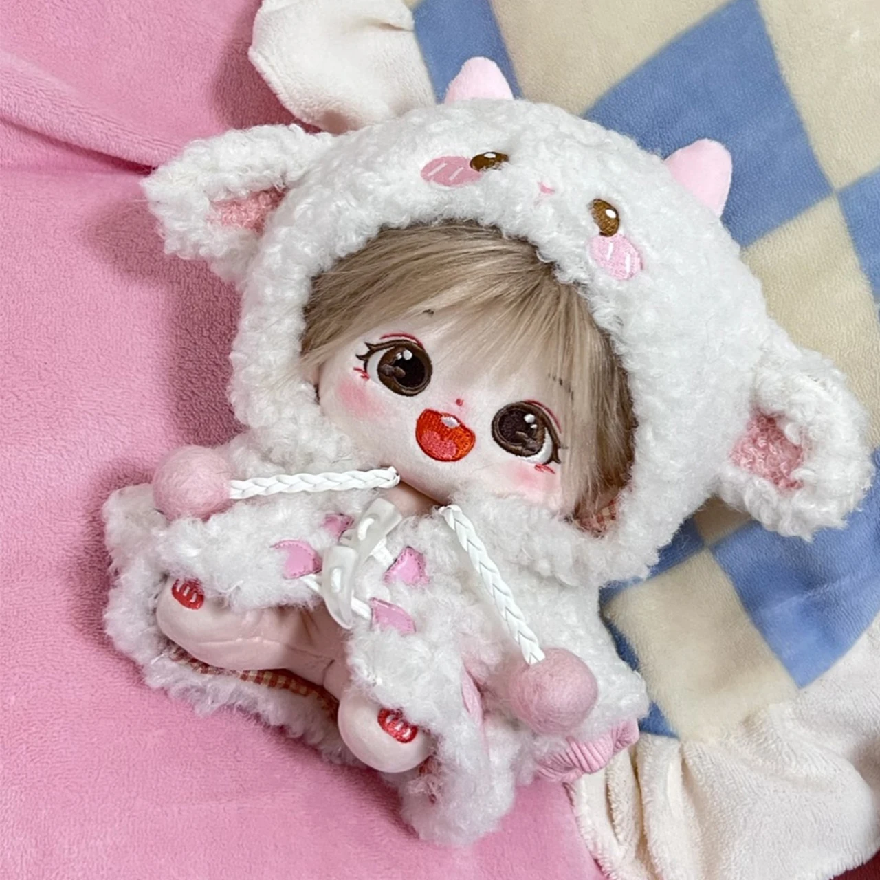 Cute Furry Lamb Cashmere Strawberry Sheep Double-sided Hooded Coat Winter For 20cm Plush Cotton Body Dress Up Clothes Outfits