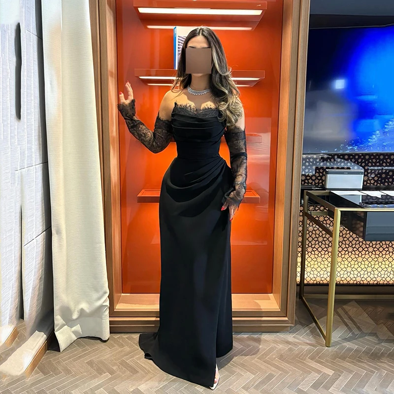 Thinyfull Black Mermaid Prom Evening Dresses Strapless Gloves Lace Satin Party Dress 2026 Night Cocktail Prom Gowns Customized
