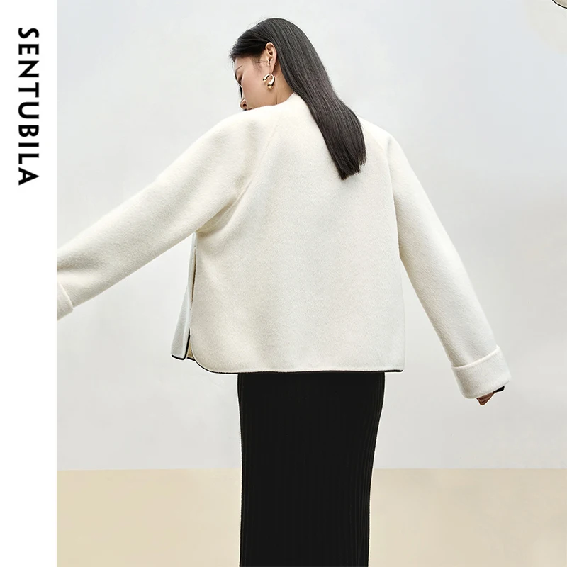 SENTUBILA Woman Luxury Coats 100% Woolen Winter Spliced Stand Neck Single Breasted Outerwears Commute Short Jackets W44O56098