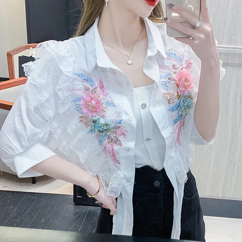 Sommer Schwerindustrie Blume Spitze Hemd Bluse Frauen gekräuselte Schleife Taille Chiffon Shirt kurze Top weibliche lose Büro Freizeit hemden