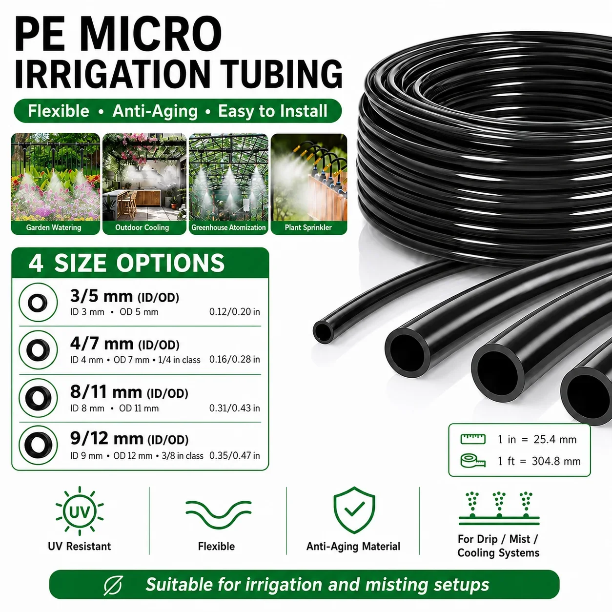 Black PE Drip Irrigation Pipe 10/20/30/50M Garden Watering Hose Micro Tube 3/5 4/7 8/11 9/12mm 1/4'' 3/8'' Sprinkler System