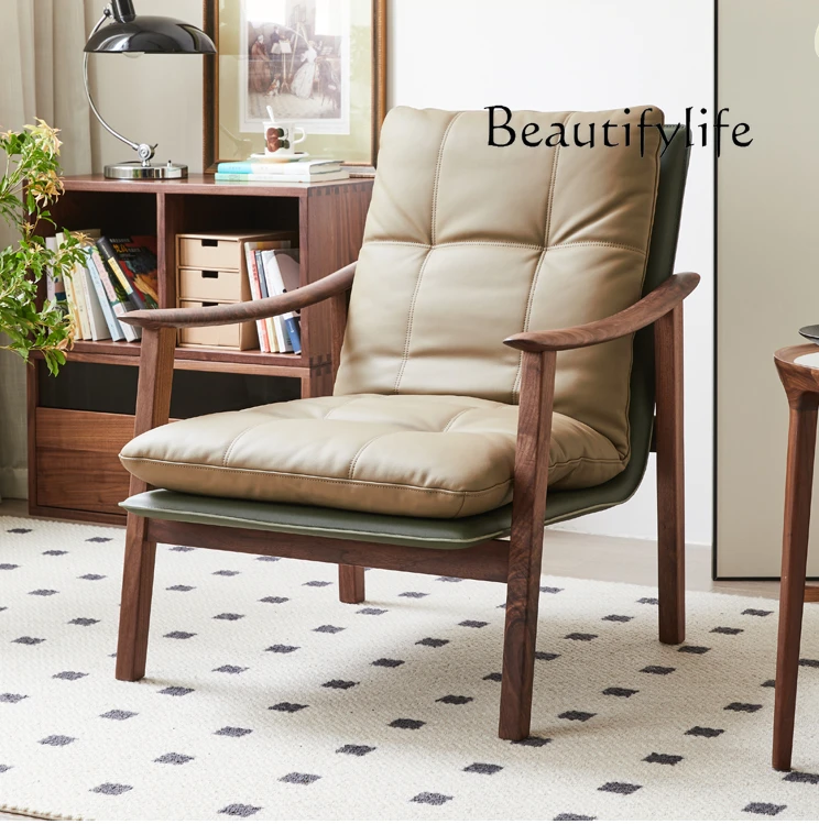 

muebles para hogar Black Walnut Simple Leisure Modern Living Room Lazy Leather Couch Solid Wood Balcony Recliner