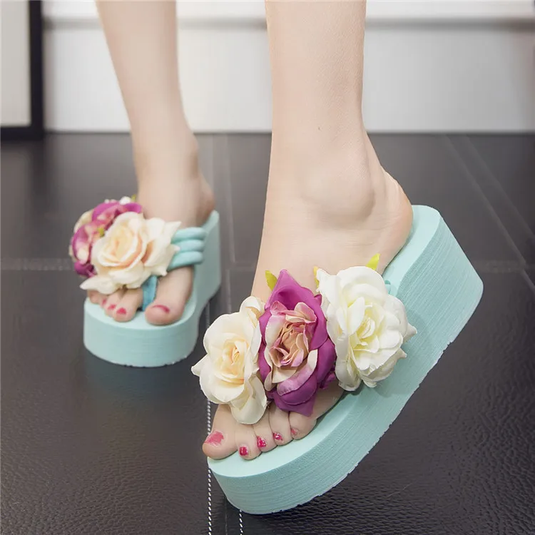 Ladies Slippers Summer Flip Flop Flowers decoration Female Flip flops High heels EVA Flip flops Bohemia Beach Slippers Shoes